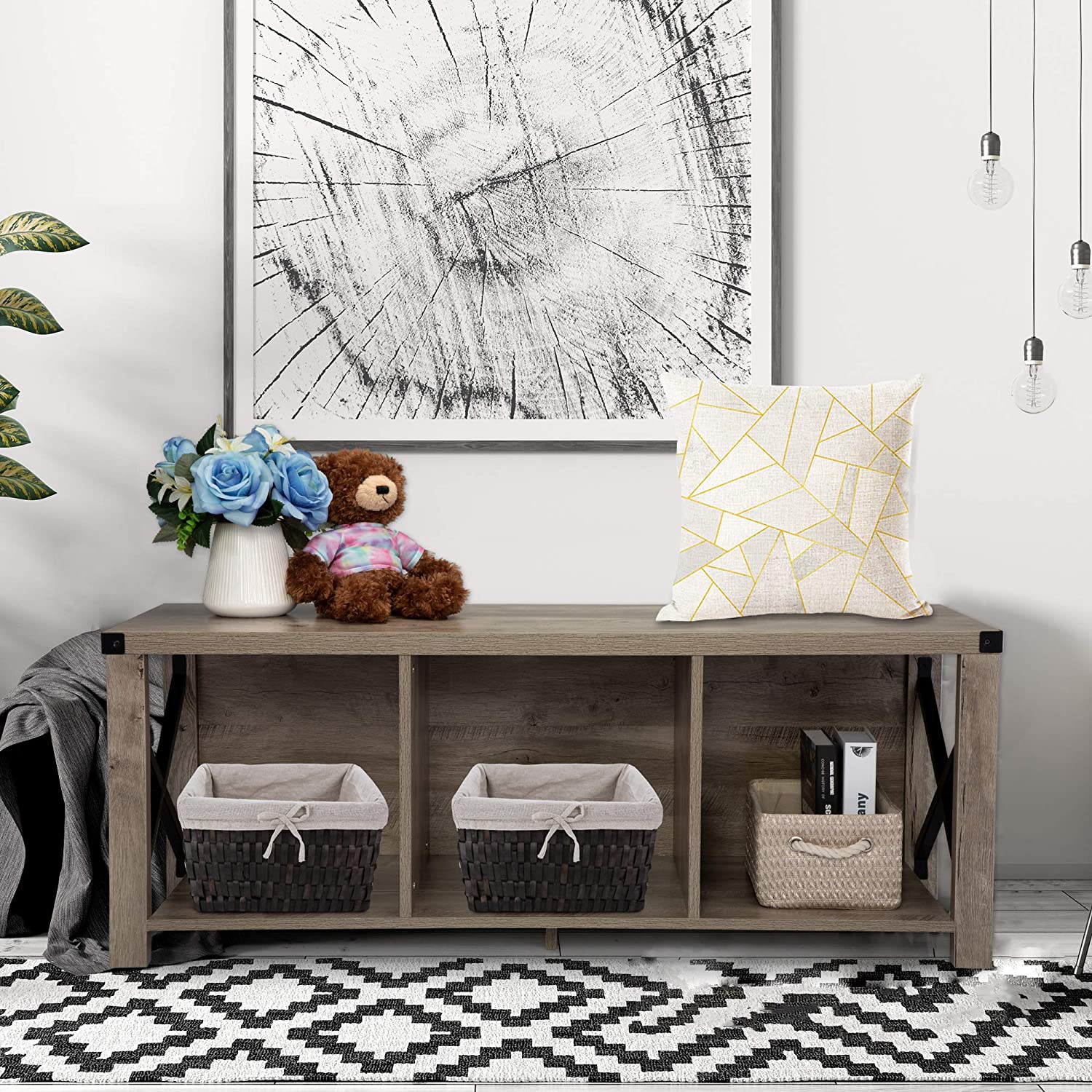3 Cabinet Gray Wash 46 Inch 3 Tier Shoe Storage Shelf for Entryway and Hallway JAXPETY Farmhouse Shoe Rack Bench Barn Door