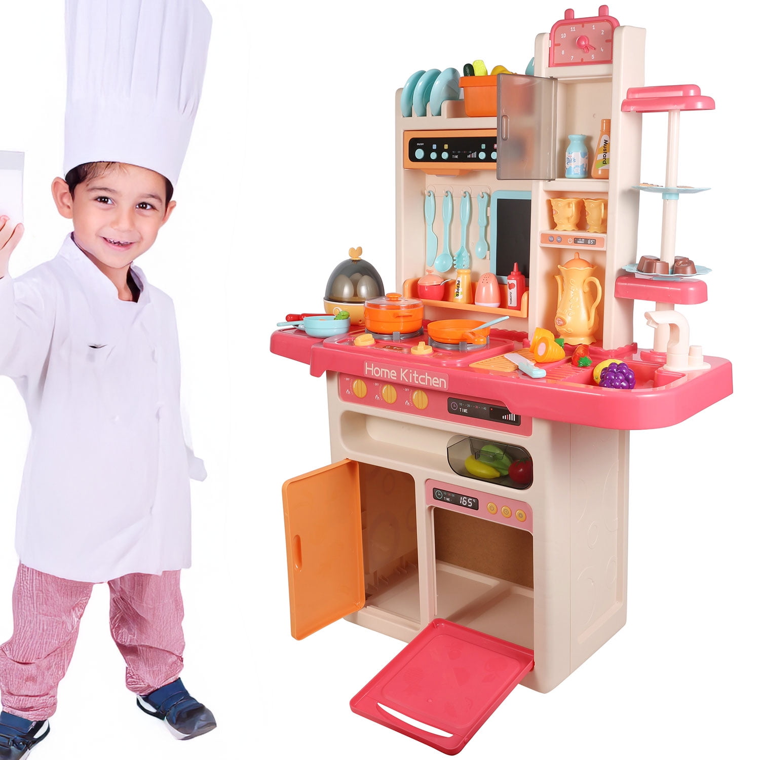65-Piece Kids Pretend Play Kitchen Set with Play Food, Pots, Pans, Utensils, Plates and Menu Board