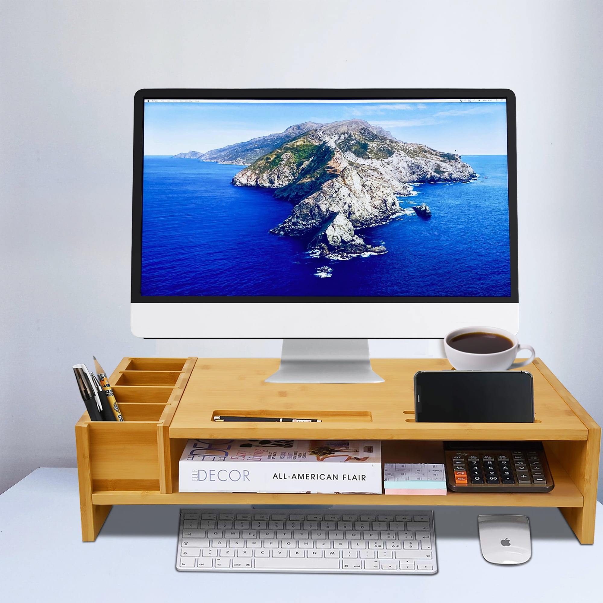 Prime Garden Wood 24.5" Wide Desktop Stand Ergonomic 2Tiers Bamboo