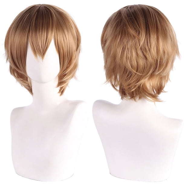 Zhuge Peluca de pelo corto unisex de anime, peluca de anime con capas esponjosas, peluca sintética resistente al calor para disfraz de fiesta, pelucas de baile con flequillo, marrón claro