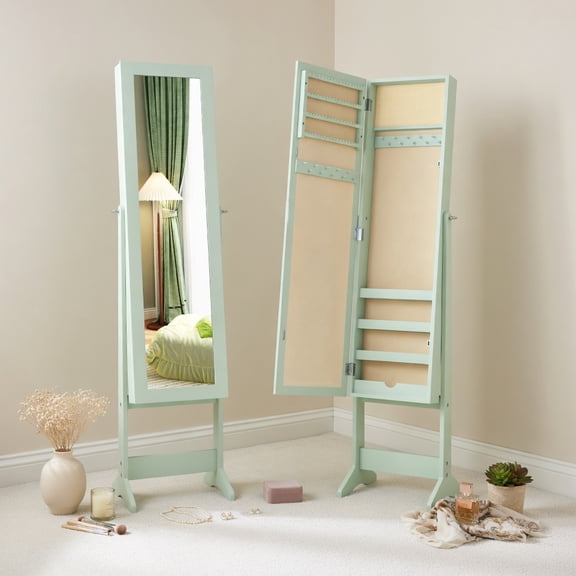 Resenkos Standing Jewelry Cabinet - Mirrored Storage Box, Compact Organizer, Bedroom Decor - Green
