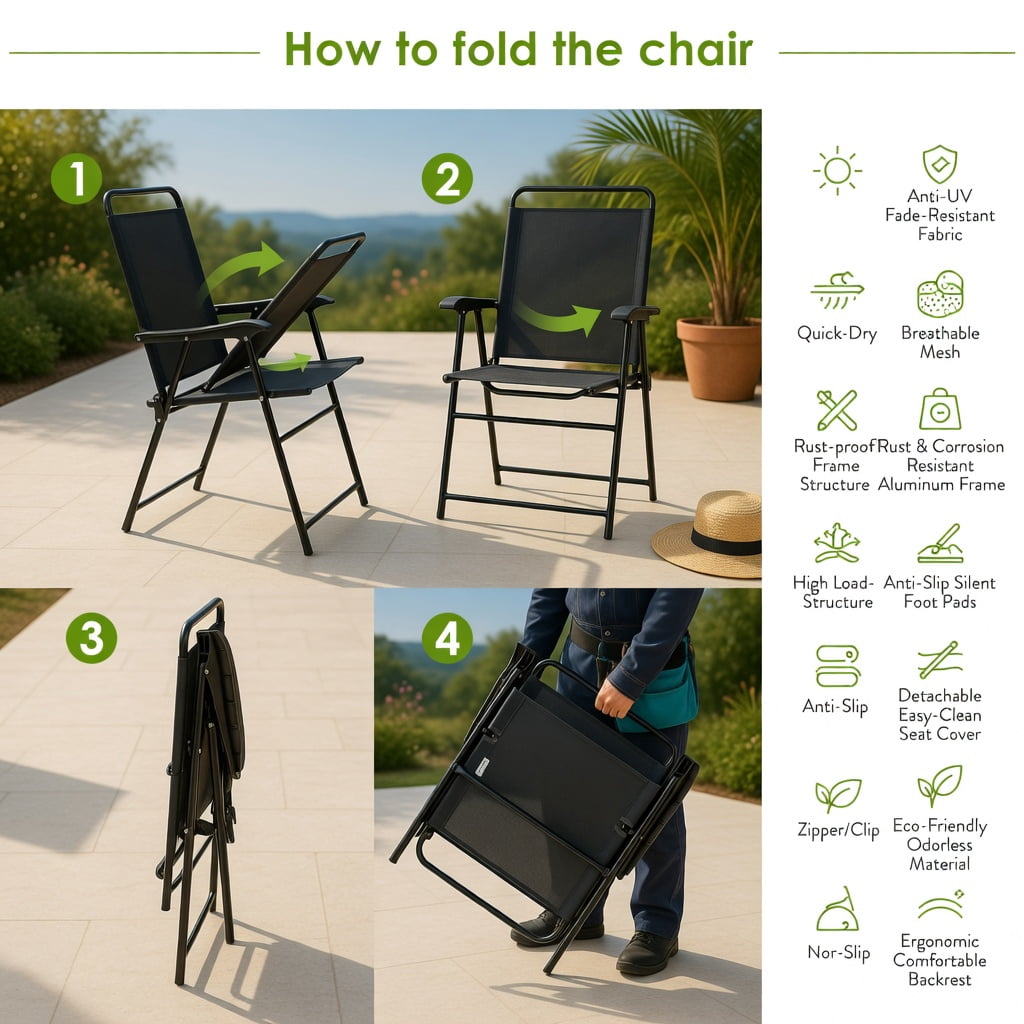 Hommoo 4-Pack Portable Outdoor Folding Chairs with Armrests, Heavy-Duty Steel Frame, Breathable Fabric, Compact Foldable Design for Patio, Garden & Balcony, Gray