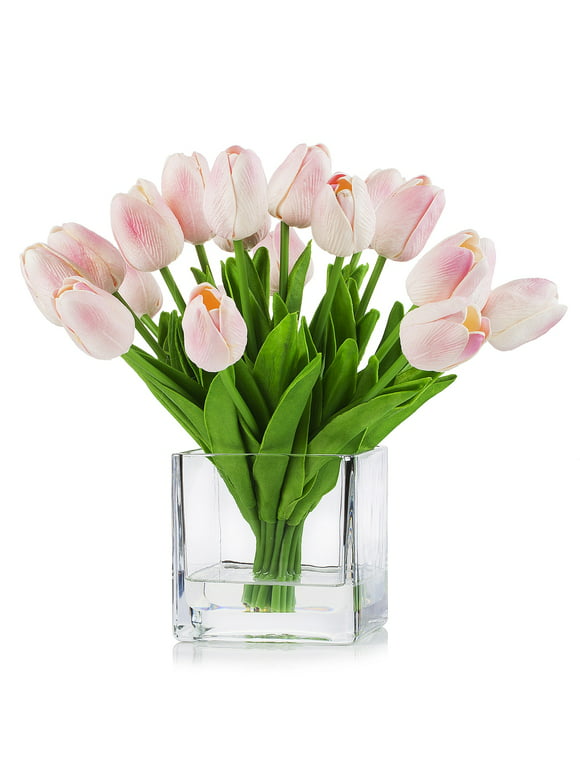 Enova Home 20 Pieces Artificial Real Touch Silk Tulips Flowers Arrangement in Cube Glass Vase with Faux Water For Home Garden Decoration (Pink)