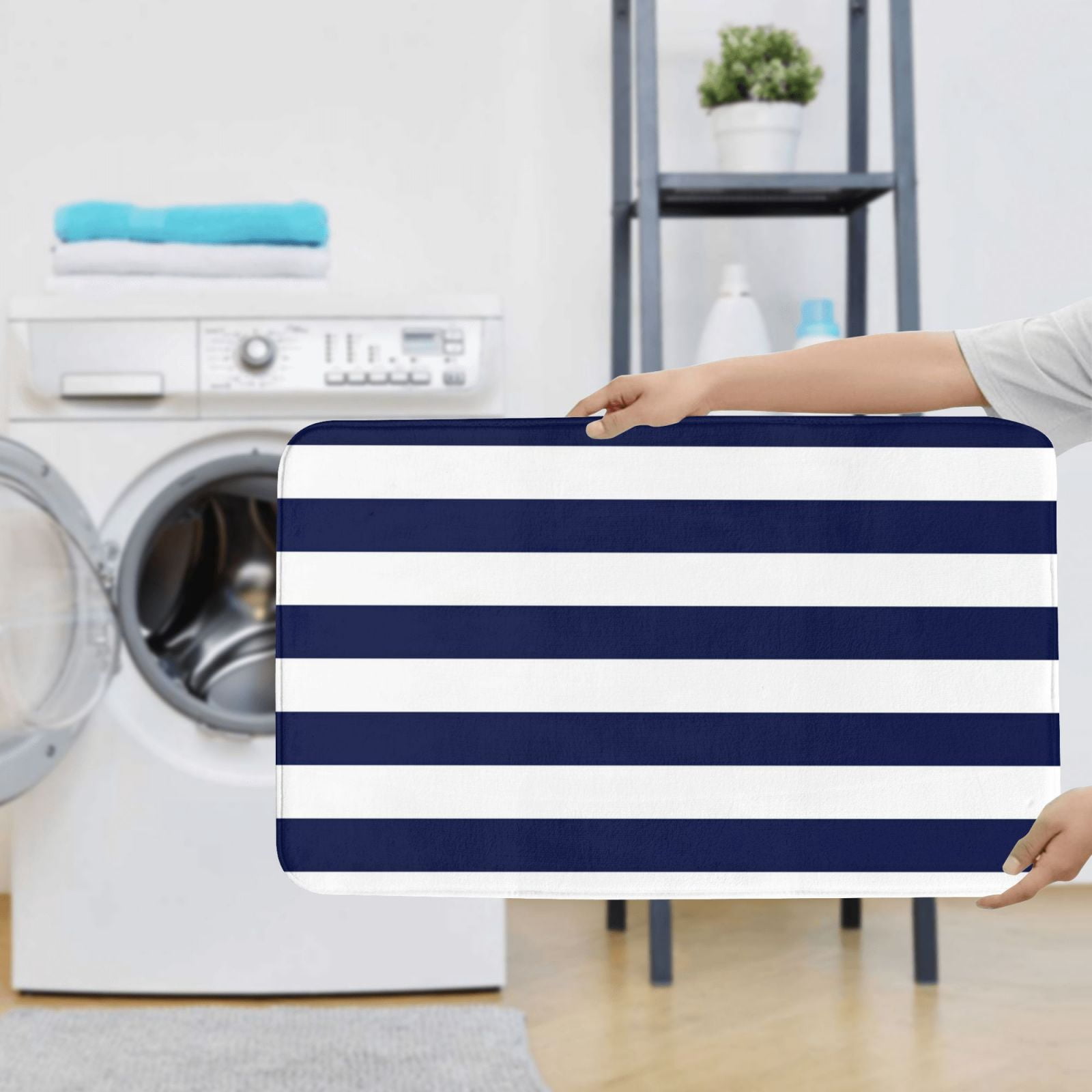 Bathroom Rugs Sets 3 Piece - Navy Blue And White Stripes Absorbent Non Slip Bath Mats, U-Shape Toilet Lid Cover, Contour Mat, Soft Washable Shower Mats Bath Rug Mat for Bathroom Tub Toilet