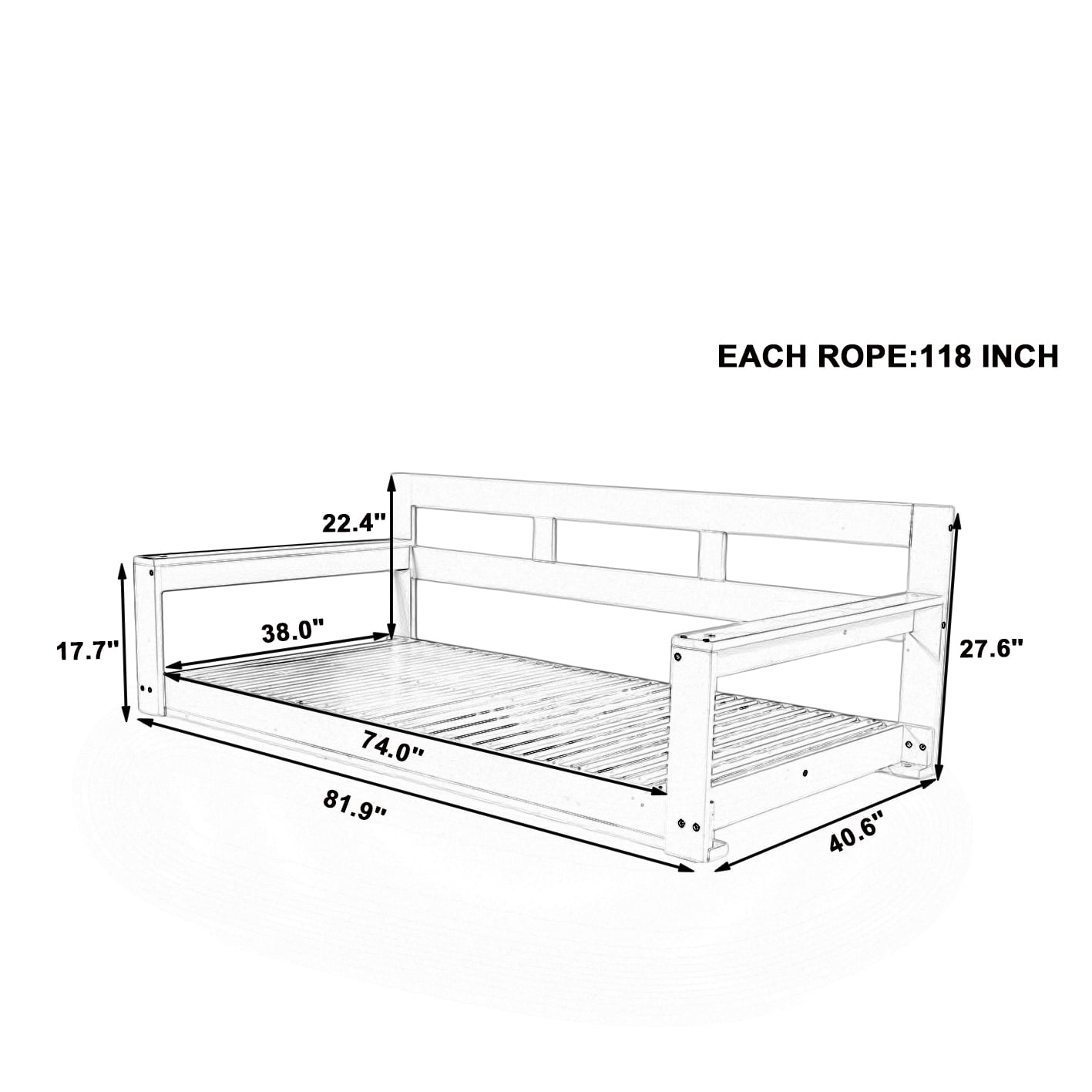 Euroco Acacia Wood Farmhouse Swing Bed with Hemp Rope Suspension, 350lbs Capacity, Twin Size, Easy Assembly, Cushions Not Included