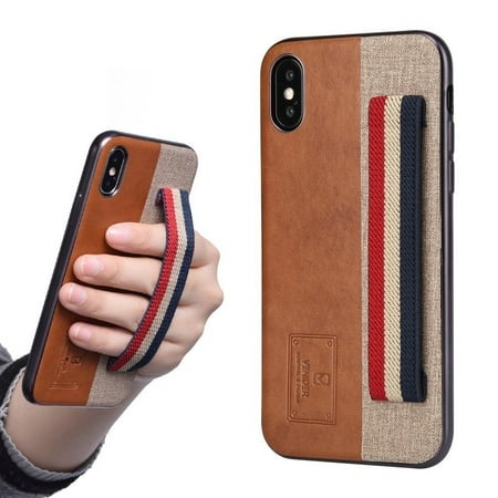 iPhone X Leather Case with Elastic Finger Hand Strap Band