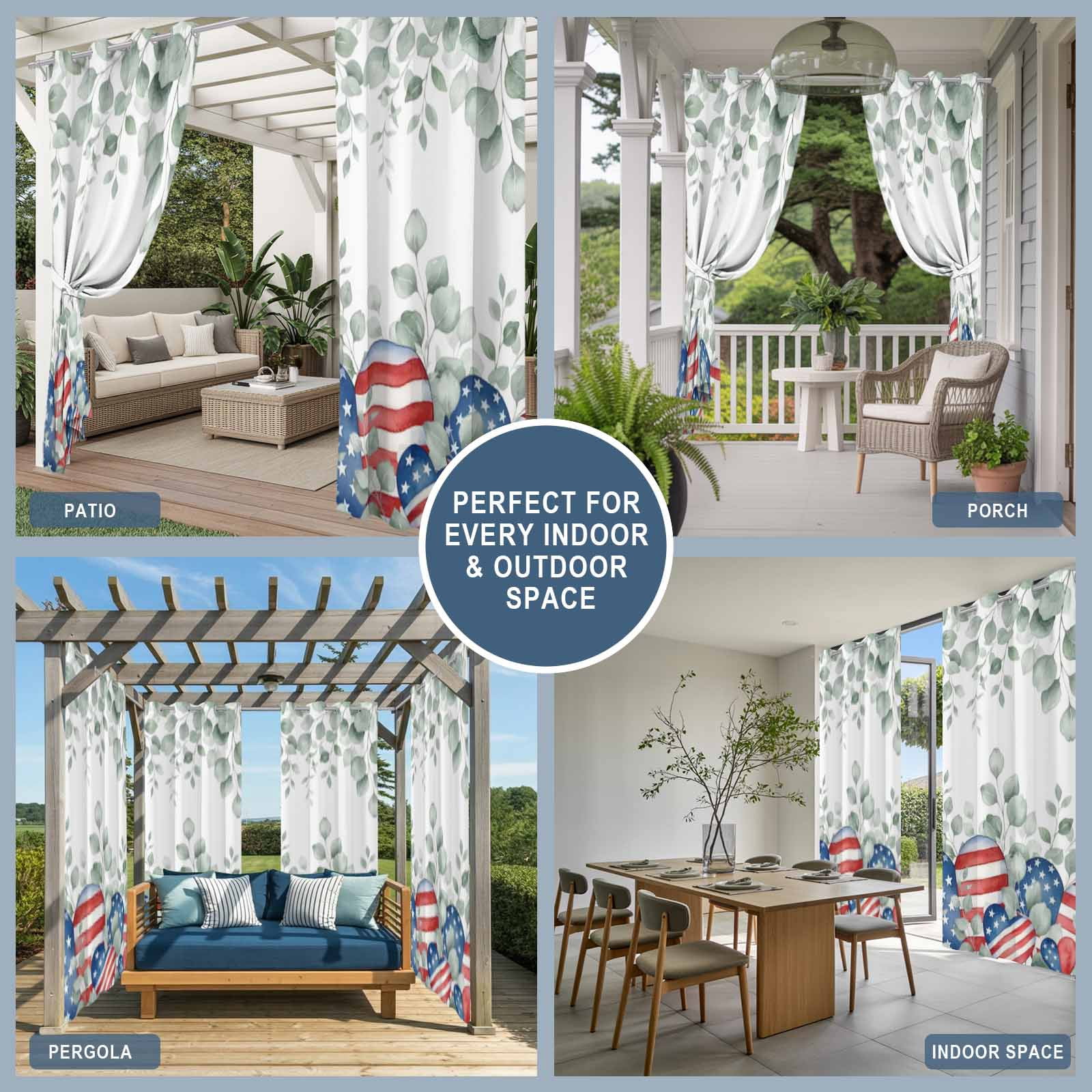 Independence Day Outdoor Curtains for Patio, Red Blue Star Stripe Love Heart Eucalyptus Leaves Sunshade Privacy Drapes Grommet Waterproof Outside Curtains for Porch/Cabana/Balcony 54"x 108", 1 Panel