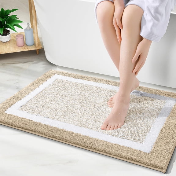DISEN Bathroom Rugs 24x16, Extra Soft and Absorbent Microfiber Bath Mat, Non-Slip, Machine Washable, Quick Dry Shaggy Bath Carpet, Suitable for Bathroom Floor, Tub, Shower (Beige and White)