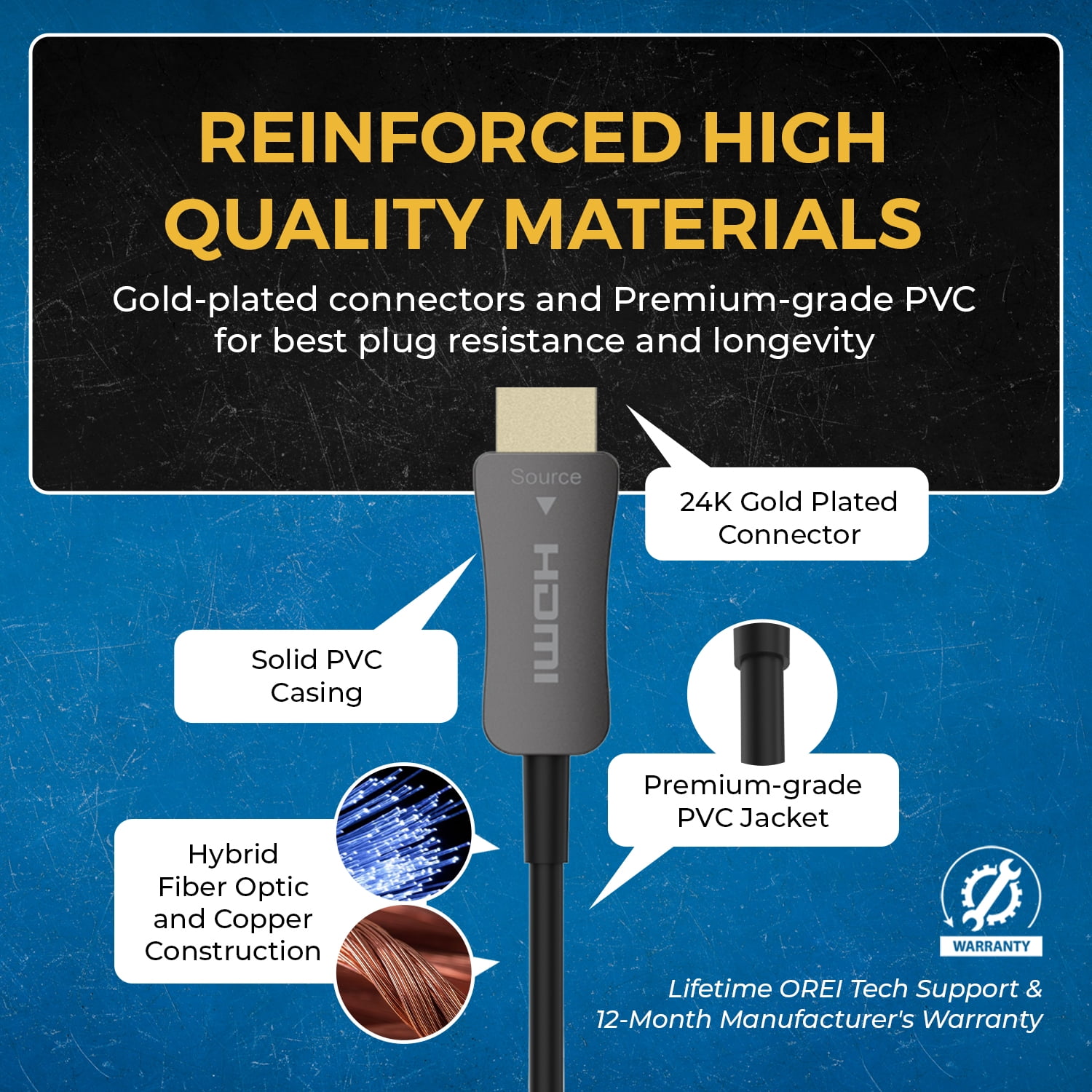 OREI 300ft Fiber Optic HDMI 2.0 Cable 4K 60Hz HDR High Speed (AOC-4K-300)