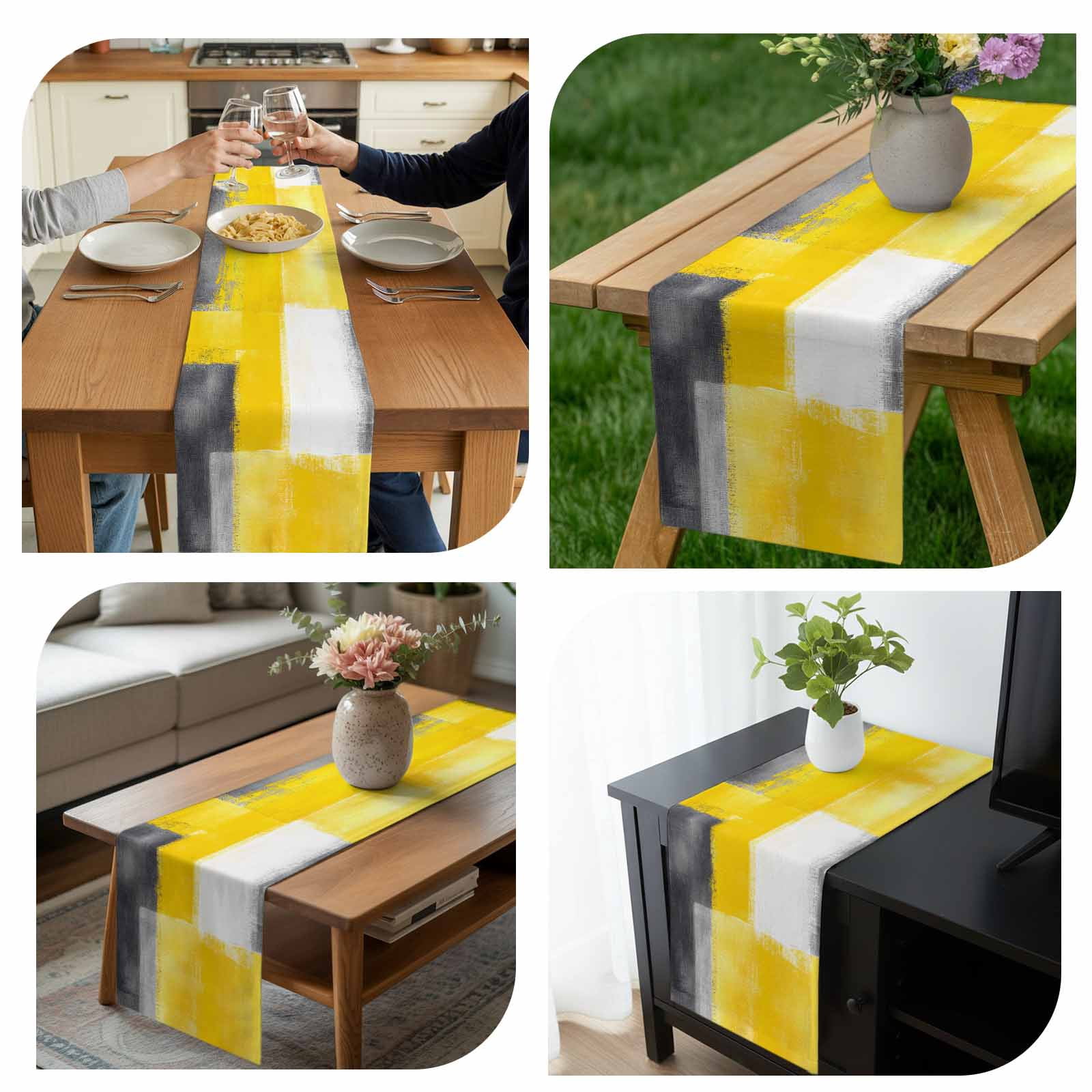 Kitchen Table Runner 90 Inches Long, Vintage Yellow Black White Grey Cotton Linen Table Runners for Dining Tables Home Holiday Party Wedding, Abstract Texture Tabletop Scarf