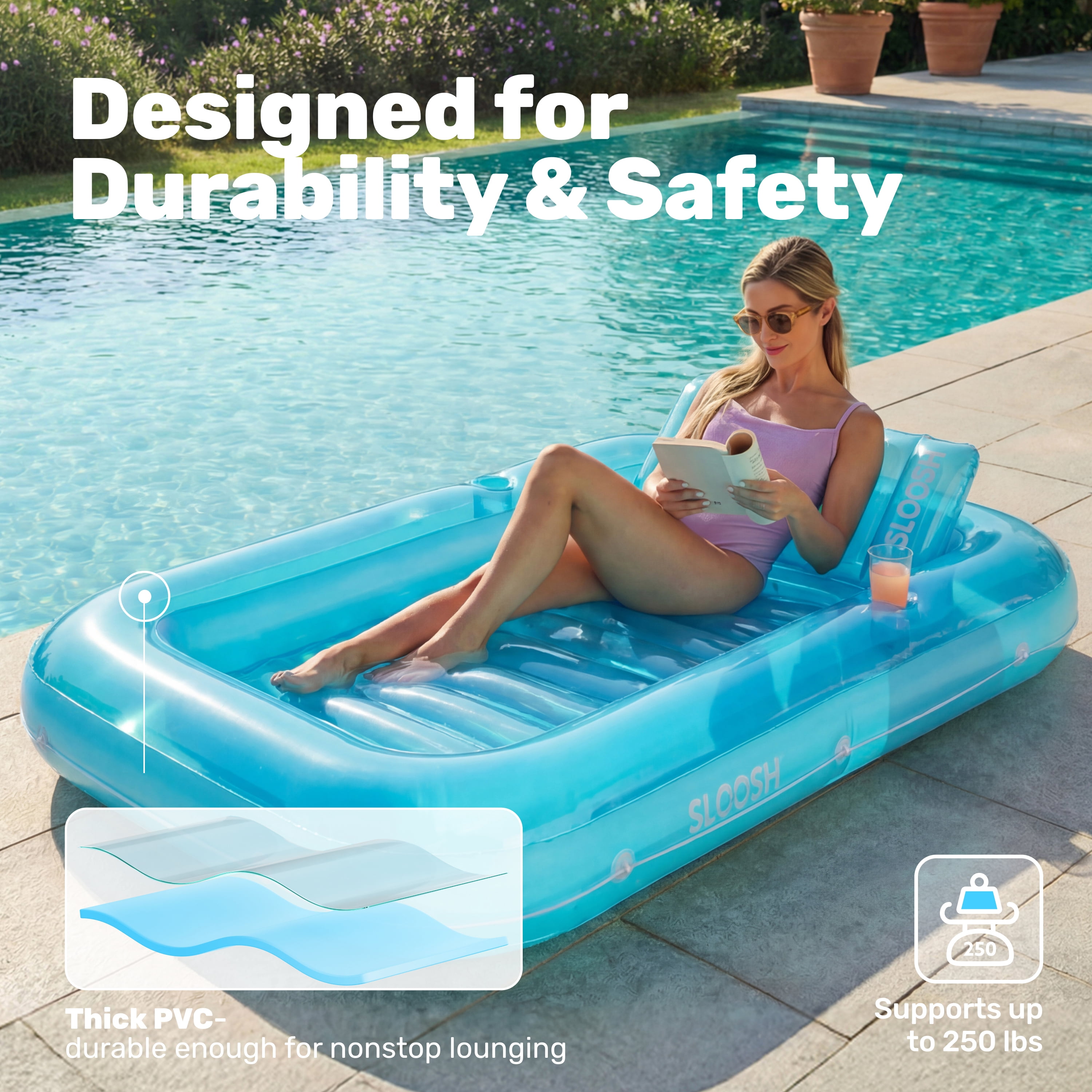 SLOOSH Inflatable Tanning Pool Lounger Float, 70" x 46" Large Suntan Tub with Pillow, Water Raft Float For Kids & Adults, L-Blue