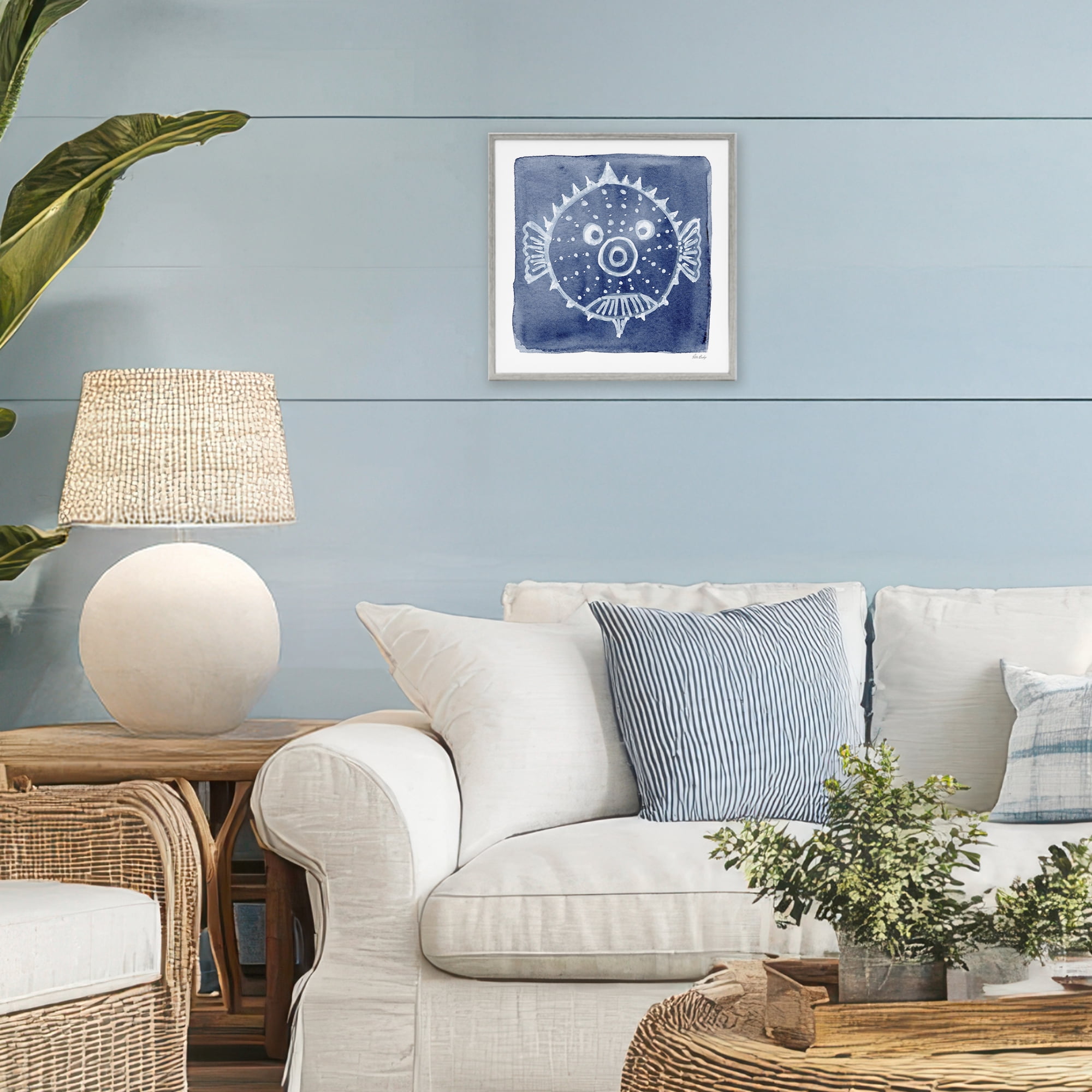 Stupell Industries White Blow Fish on Indigo Gray Framed Giclee Art, design by Patti Bishop
