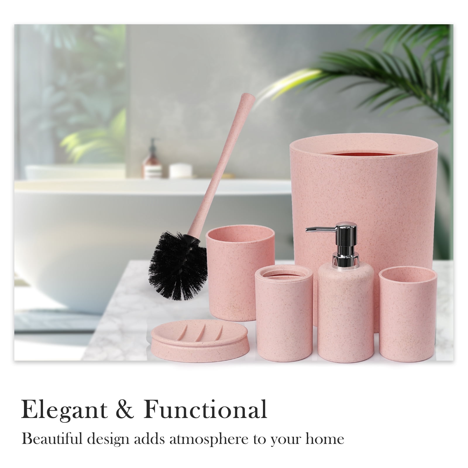 CERBIOR Bathroom Accessories Set 6 Piece Wheat Straw Bath Ensemble Includes Soap Dispenser, Toothbrush Holder, Toothbrush Cup, Soap Dish for Decorative Countertop and Housewarming Gift, Pink