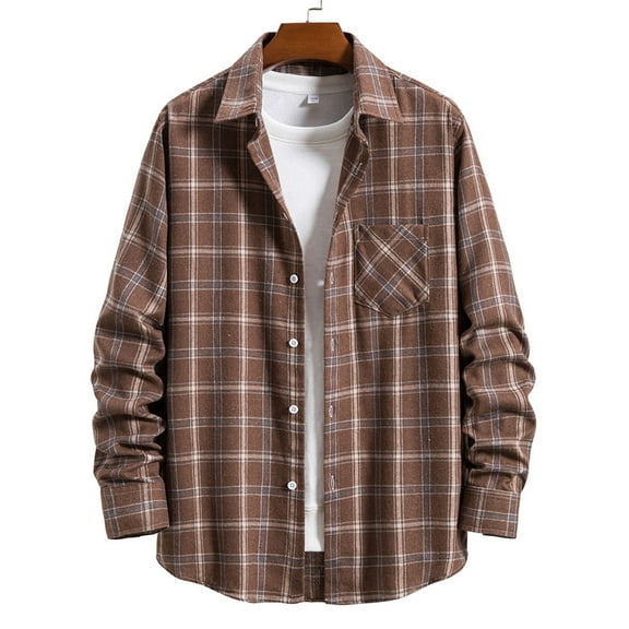 CEHVOM Men's Plaid Lapel Shirt Men's Casual Loose Long Sleeve Shirt
