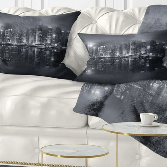 Designart Hong Kong Black and White Skyline - Cityscape Throw Pillow - 12x20