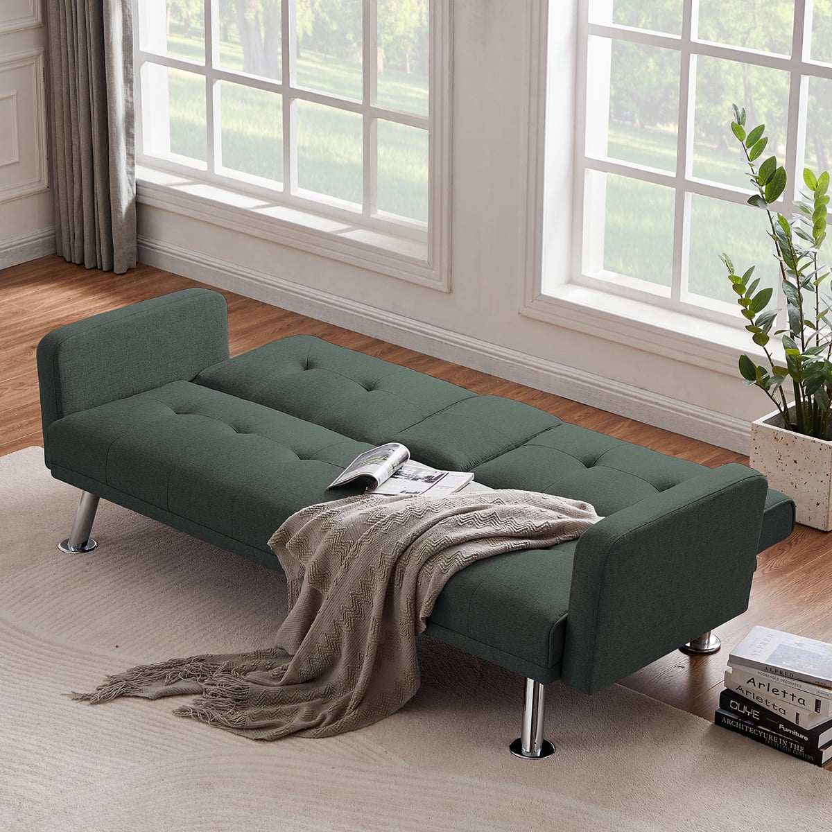 Aukfa Futon Tufted Back Convertible Sofa with 2 Cup Holders - 72" Twin -Dark Gray