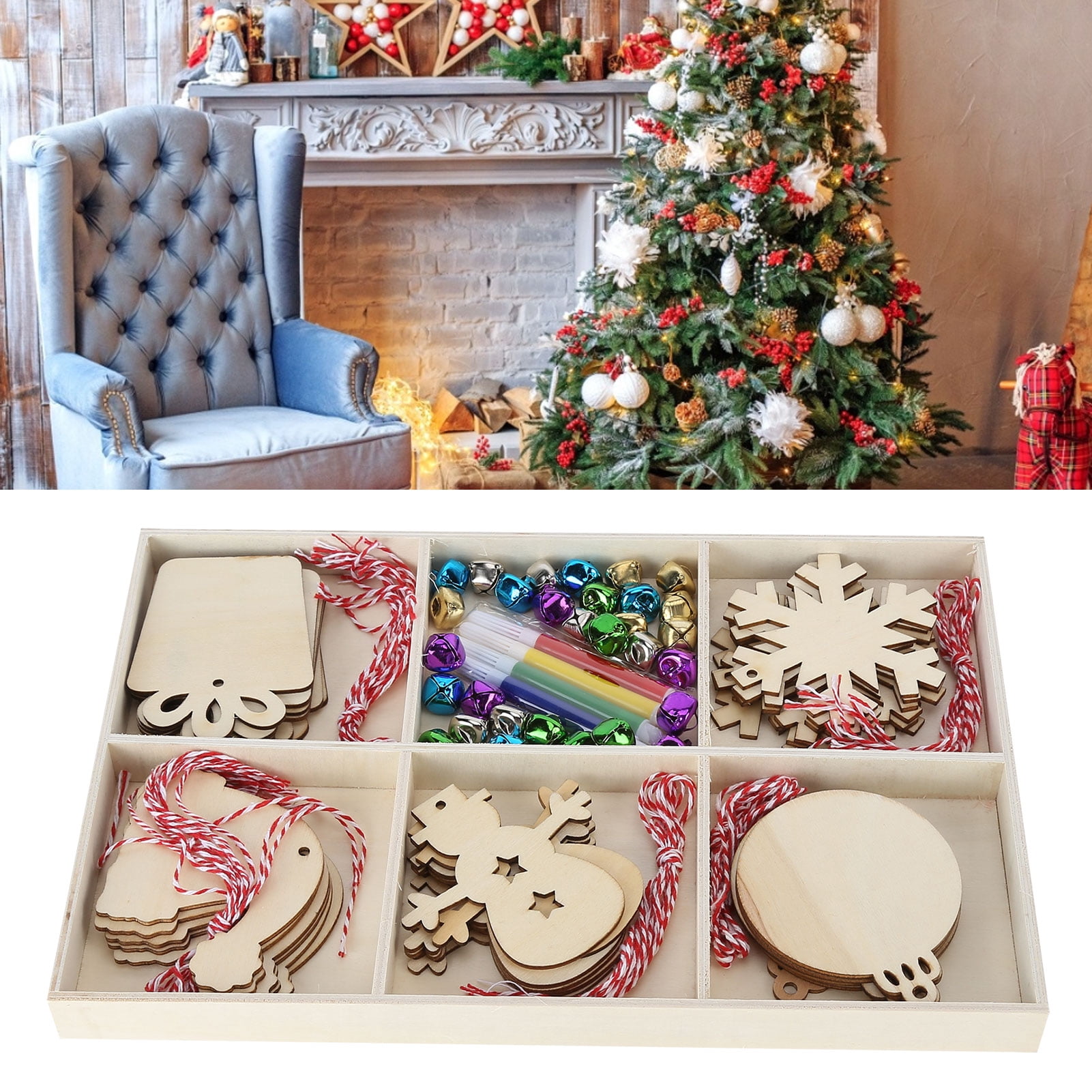 YAHHU Unfinished Wood Christmas Tree Ornaments DIY Craft Kit Wooden Slices Hanging Pendants with Bells Ropes Color Pens for Holiday Home Decoration (12.2 inches / 31 cm)