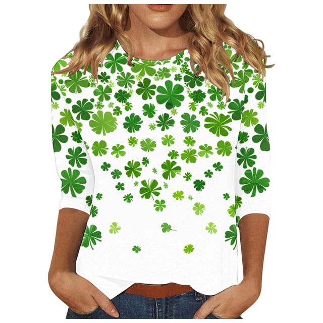 Diufon T-Shirts de la Saint-Patrick pour Femmes Décontractés Grande Taille Imprimé Trèfle Manches 3/4 Col Rond