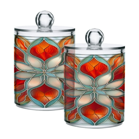 2 Pack Abstract Red Floral Stained Glass Qtip Holder Dispenser Clear Plastic Storage Apothecary Jars for Cotton Swabs Balls Pads Floss