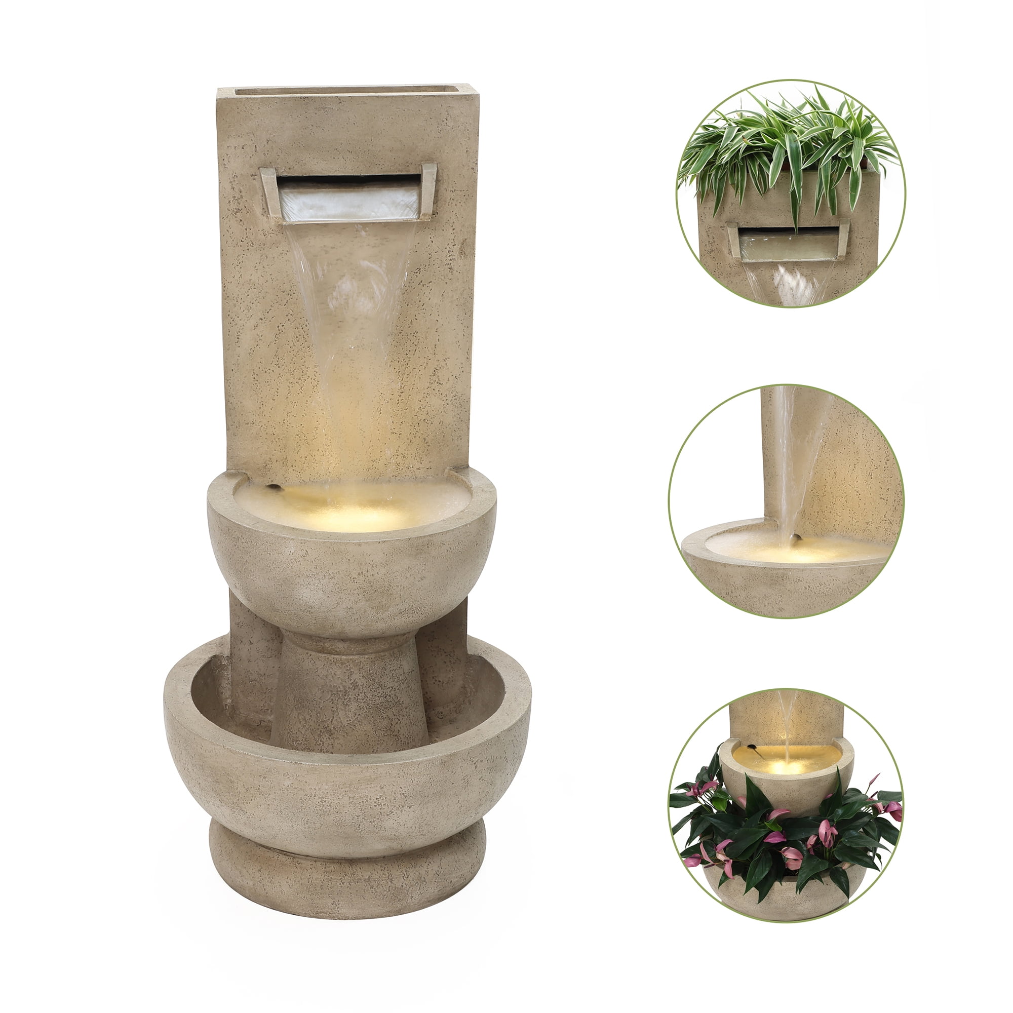 LuxenHome 2.7-Feet Tall Polyresin Fountain with Planter, Lighted Outdoor Water Feature