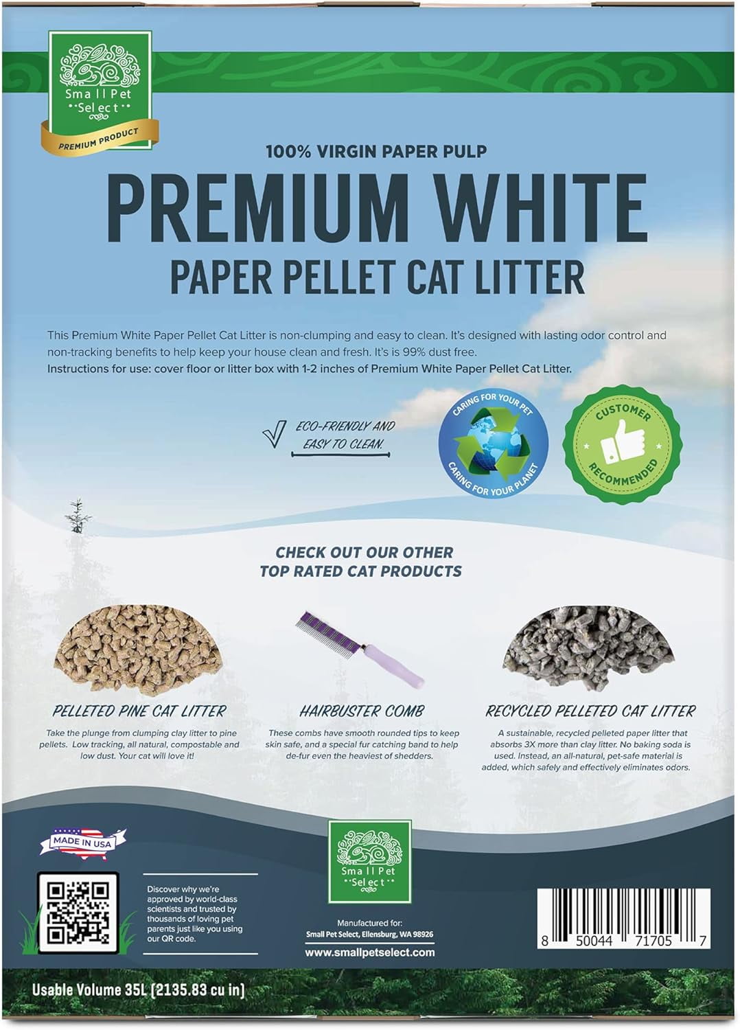 Small Pet Select - Premium White Paper Pelleted Cat Litter for Litter Pans - Lightweight & Odor Controlling Non-Clumping Paper Pellets Safe for Kittens and Senior Cats - 35L