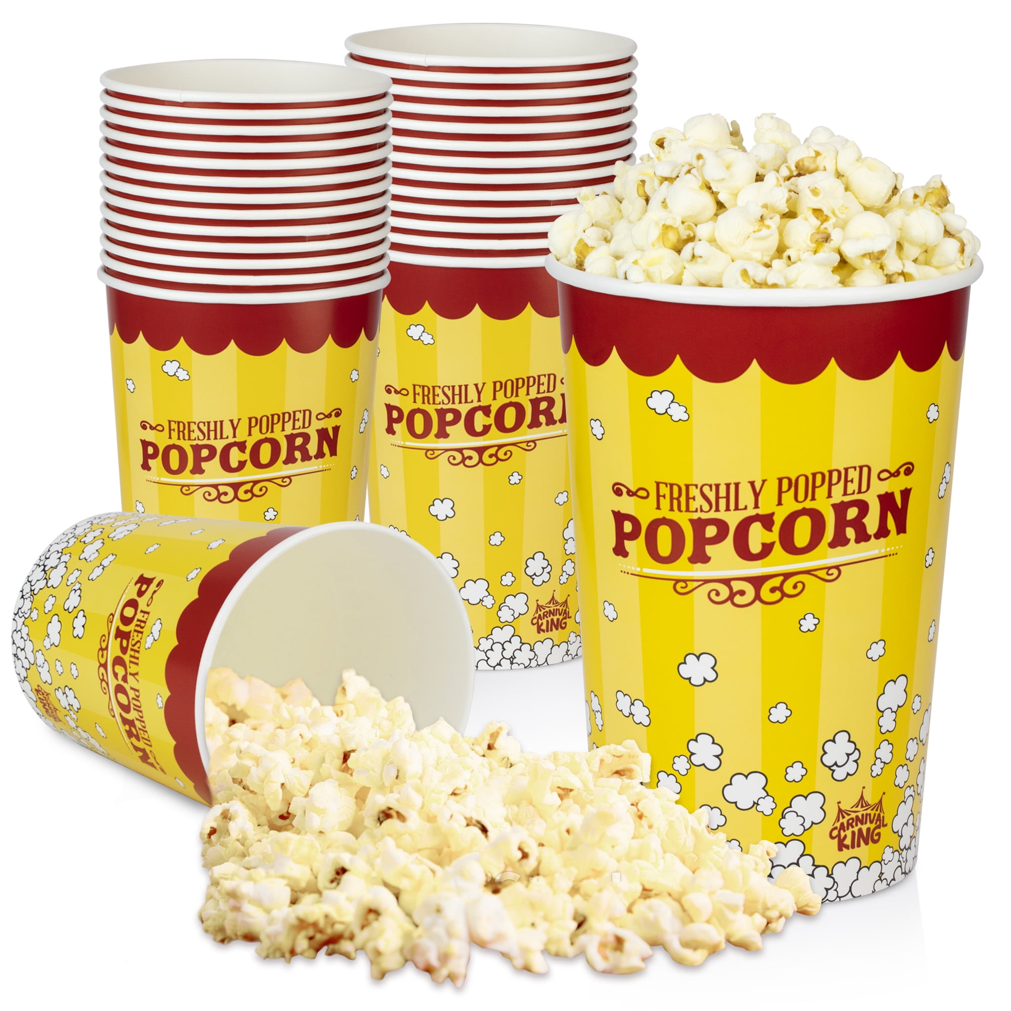 [25 Pack] Popcorn Buckets Disposable 64 Oz Yellow and Red Paper