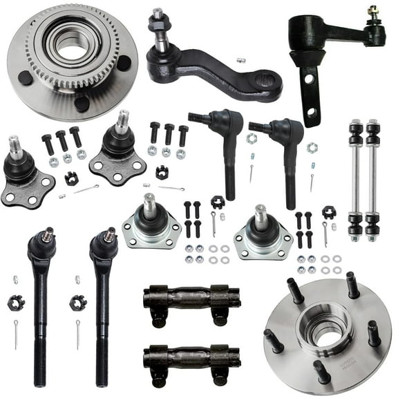 Detroit Axle - Front 16pc Suspension Kit for 2WD 2000 2001 Dodge Ram 1500, 2 Wheel Bearing Hubs 4 Ball Joints 4 Tie Rod Links 2 Sway Bars 1 Pitman Arm 2 Sleeves 1 Idler Arm Replacement