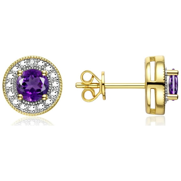 Rylos Yellow Gold Plated Silver Halo Stud Earrings - 4MM Round Amethyst & Sparkling Diamonds - Exquisite Birthstone Jewelry