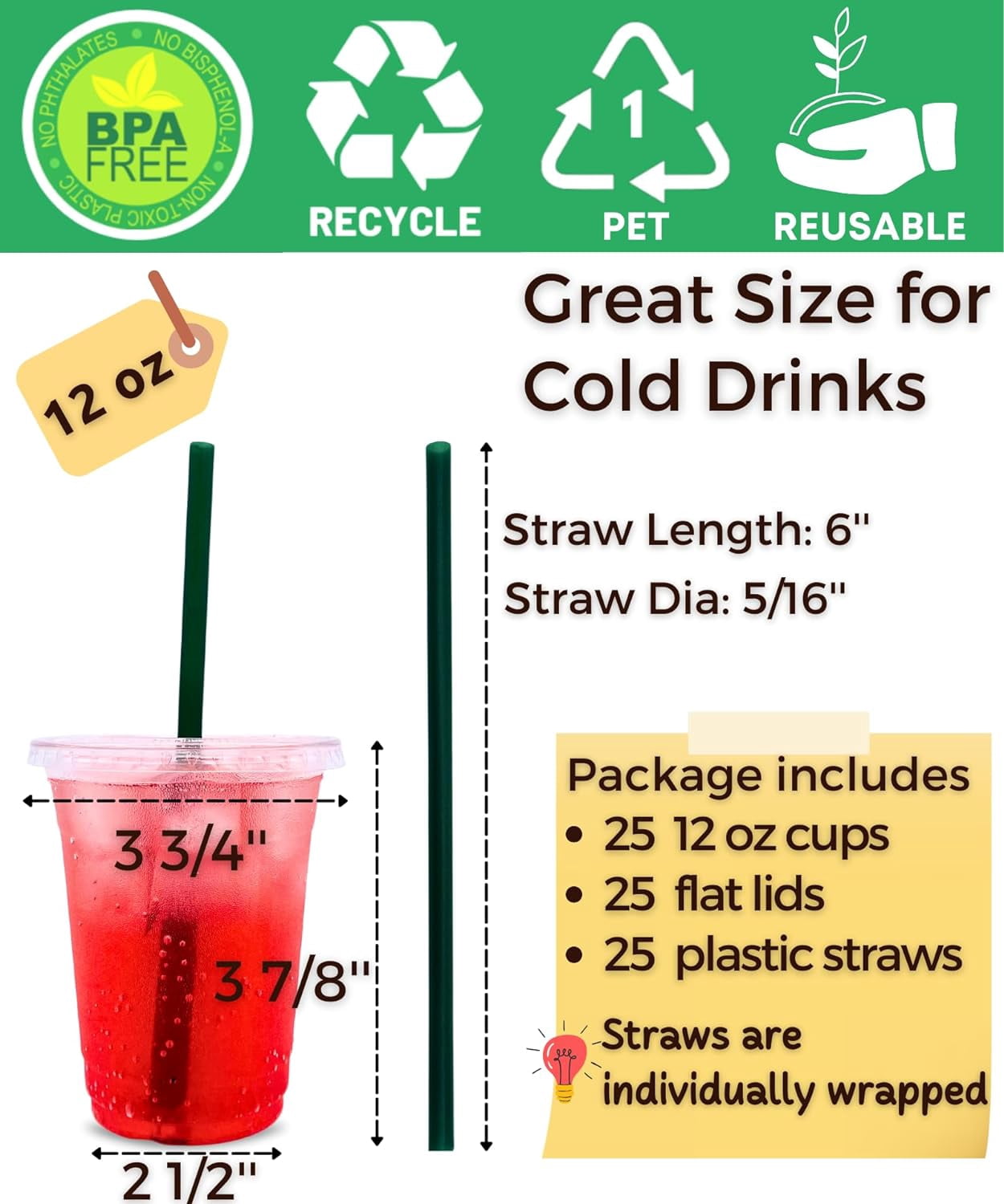 12 oz Clear Plastic Cups with Lids and STRAWS, Disposable Drinking Cups for Cold Drinks, Iced Coffee, Milkshakes, Smoothies, 25 Sets