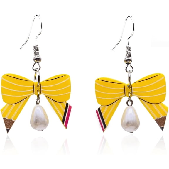 Teacher Earrings for Women Pencil Shaped Bow Earrings Pearl Heart Dangle Pencil Earring First Day of School Earrings Graduation Back to School Creative Jewelry