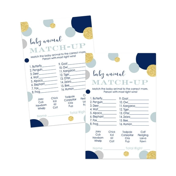 Navy and Gold Animal Matching Baby Shower Game Cards 25 Pack Guessing Activity - Twinkle Little Star - Royal Prince Themed - 4x6 Printed Size Set - Paper Clever Party