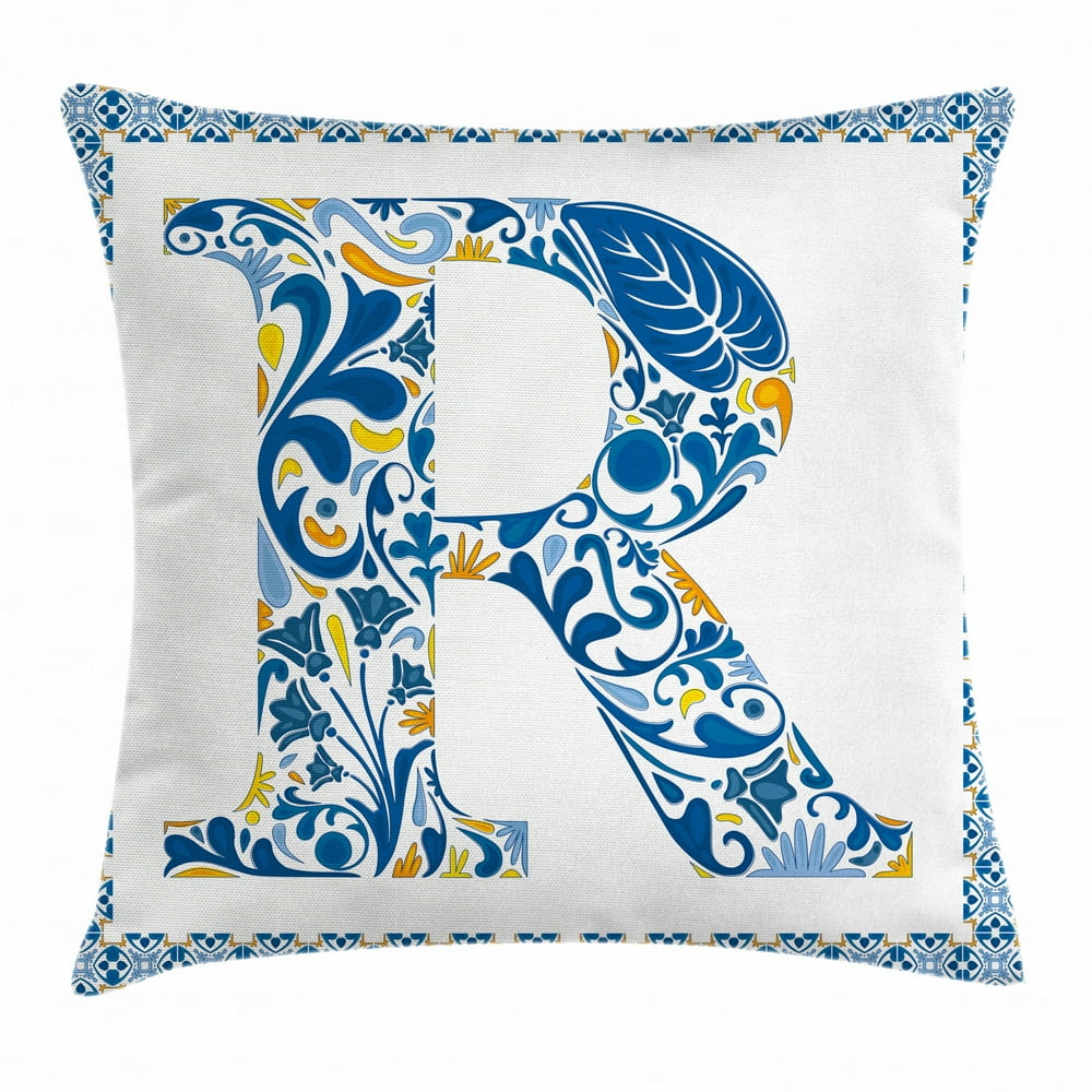 Letter R Throw Pillow Cushion Cover, Curly Blossoms Artistic Motifs ...