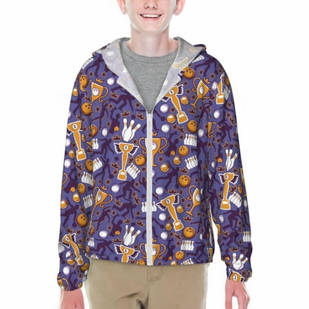 Salouo Bowling Game for Teen's Sun Protection Jacket,Full Zipper Long Sleeve UV Hoodie Shirts Outdoor Athletic Jacket Hiking Sun Shirts for Teen-XX-Large