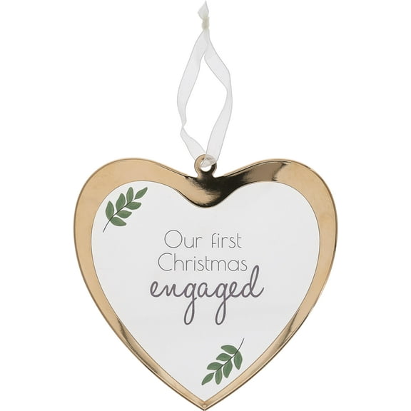 Pavilion - Our First Christmas Engaged - 4.75" Glass Heart Ornament Classy Elegant Modern Celebratory Spouses Husband Wife Bride Groom with Ribbon for Hanging