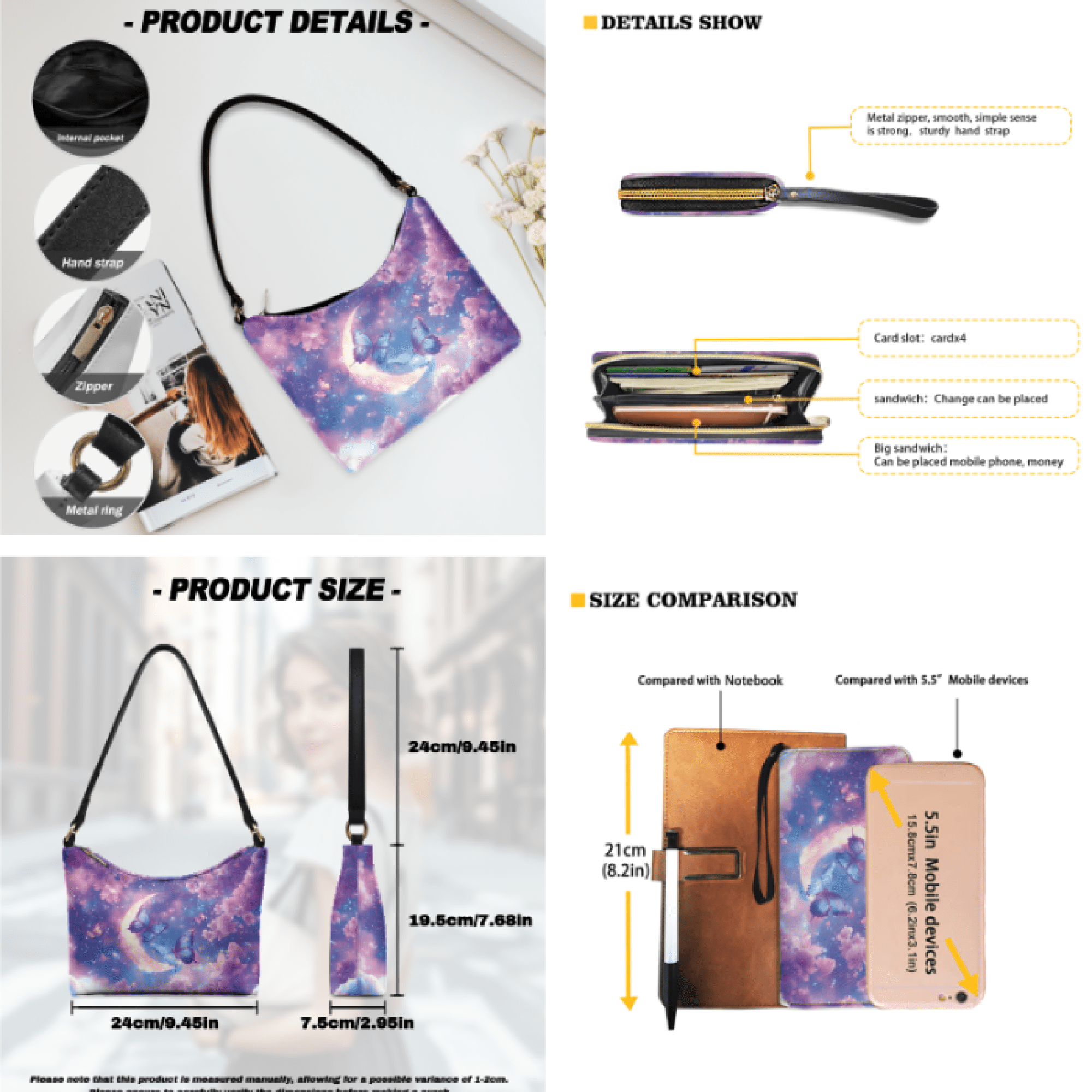 Tutolipy Butterfly Moon Pack of 3 Tote Bag for Ladies, Large Capacity Wristlet Purse, Lightweight Personalized Wristlet Clutch Purse for Outdoor Activities