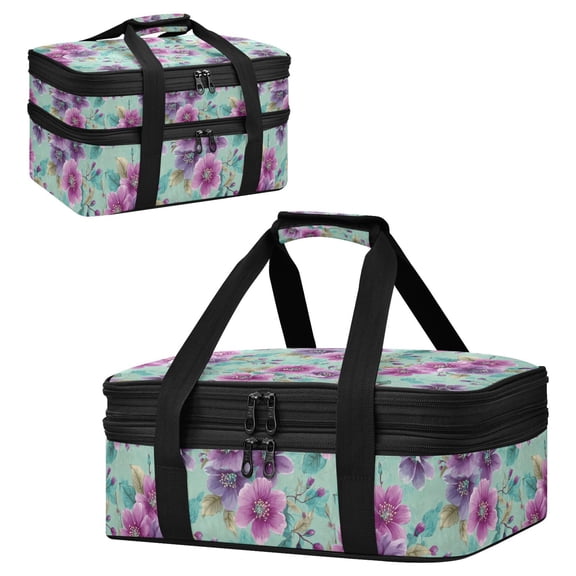Large Double Decker Insulated Casserole Carrier Expandable 2-Layer Thermal Food Tote Bag Teal Purple Floral Print Hot Cold Pizza Lasagna Holder for Potluck Picnic Party Camping