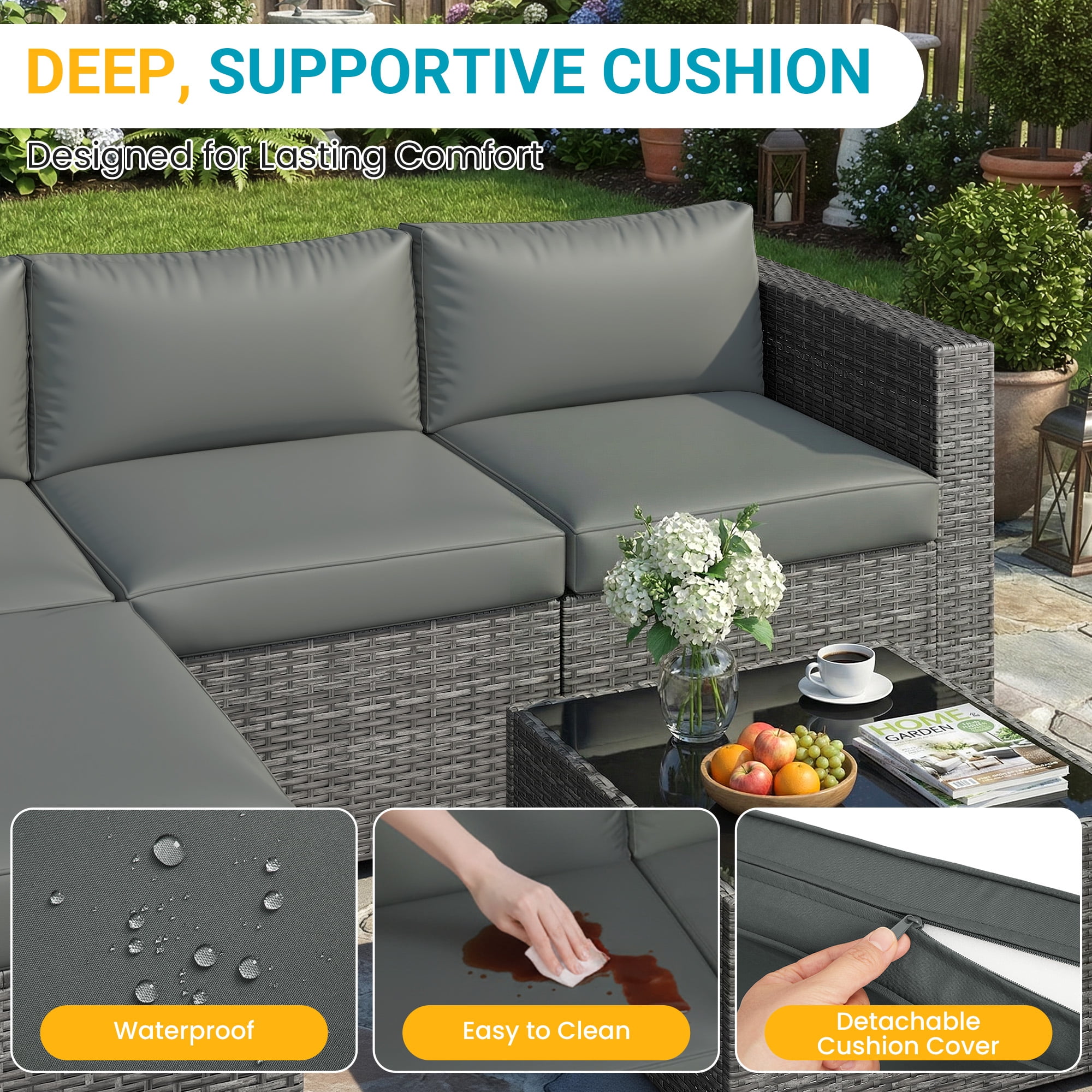 CozyHome 5-Piece Patio Rattan Furniture Set, Wicker Outdoor Sectional Sofas with Ottoman and Coffee Table, Grey