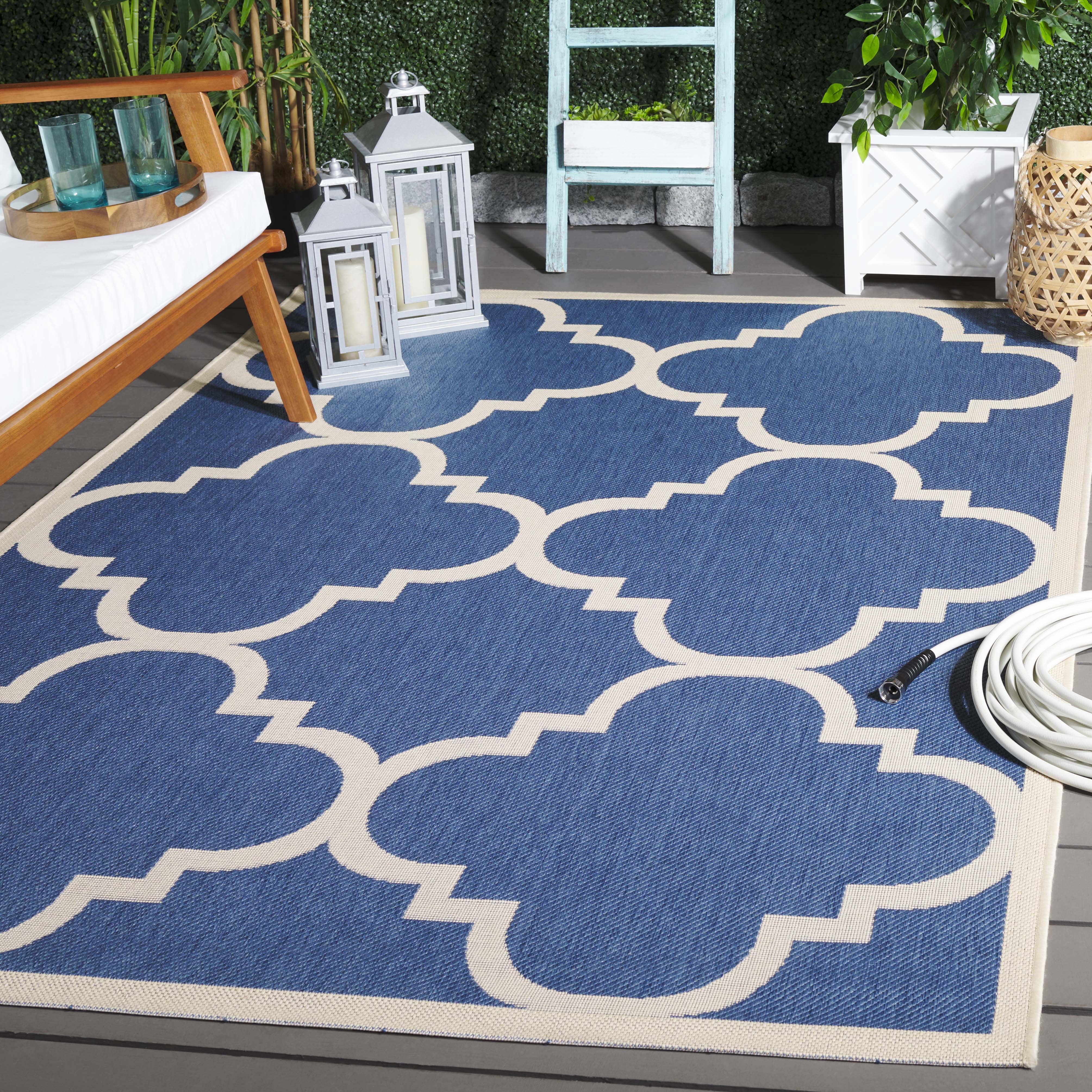 Safavieh Courtyard Becky Geometric Indoor/Outdoor Area Rug, Blue/Beige, 5'3" x 5'3" Square