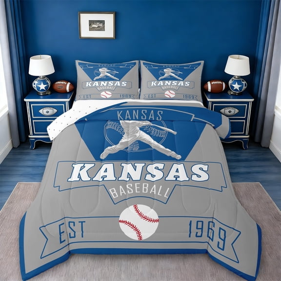 jejeloiu Baseball City Bedding Comforter Set,Kansas Twin Comforter Sets,Gray Blue Bedding Set For Child,Luxury Bedroom Decor Reversible,2pcs