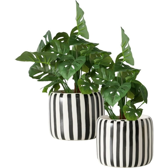 Crosby Street Ceramic Round Pots, Black and White, Festive Stripes, Shiny Glaze, 5 and 7 Inch Planters, Set of 2
