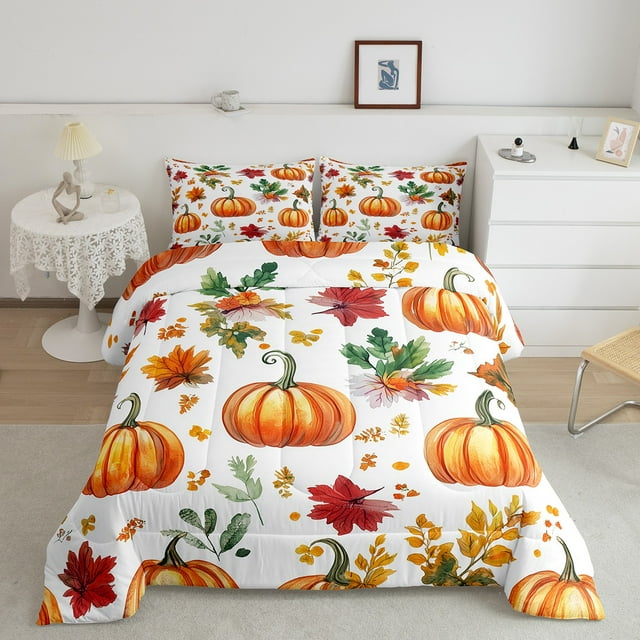 Erosebridal Ensembles de Literie de Récolte d'Automne Simple avec Couette, Ensembles de Couette Citrouille Orange Taille Simple, Couette Réversible Feuille d'Érable, Décoratif de Chambre Respirant, 2 Pcs