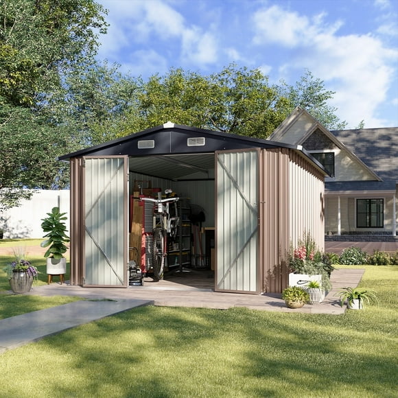 Aoxun 10x12 ft Outdoor Storage Shed, Galvanized Metal Shed with Lockable Door, Air Vents for Garden, Backyard, Brown