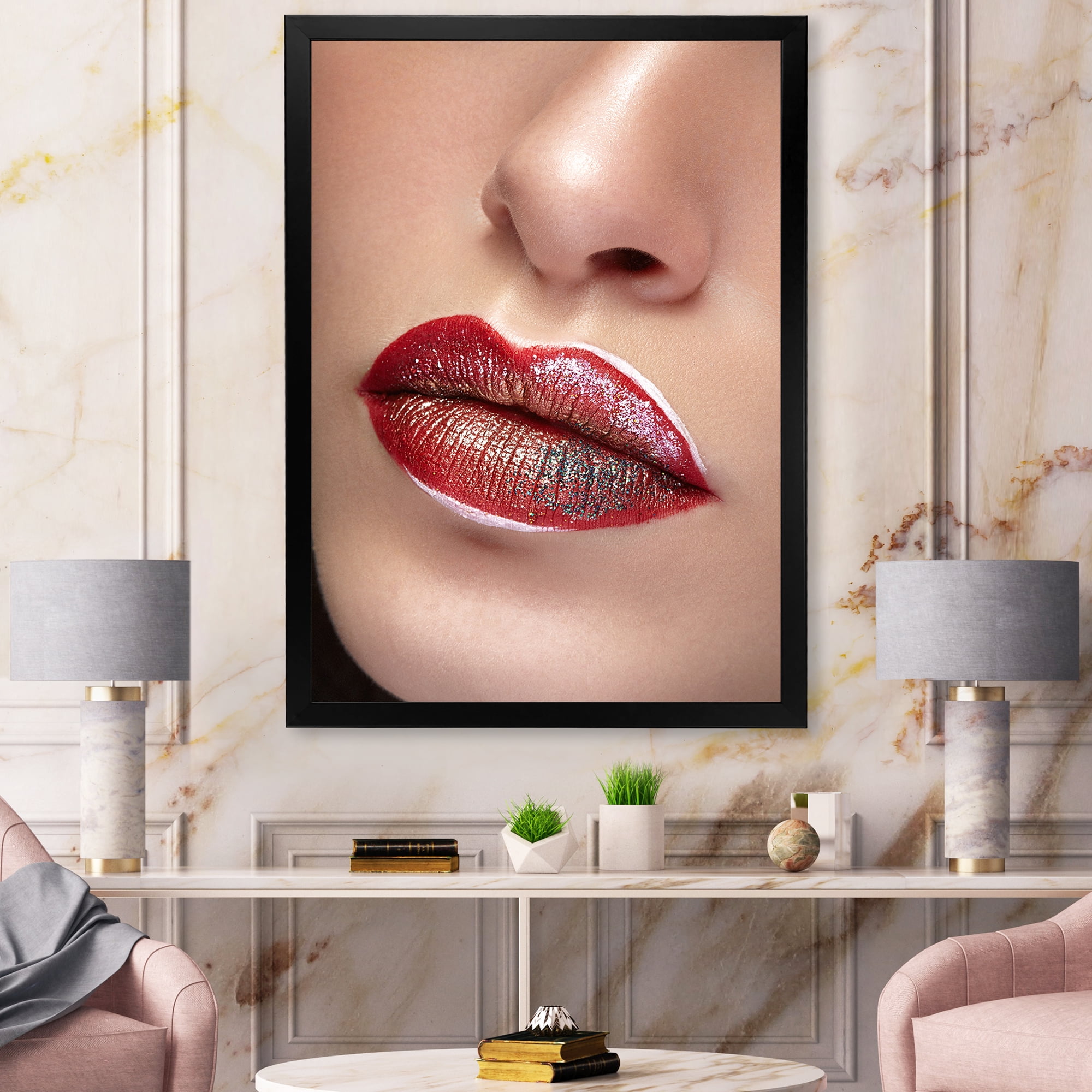 Designart 'Close Up Lips With Professional Lipstick and Make Up' Modern Framed Art Print