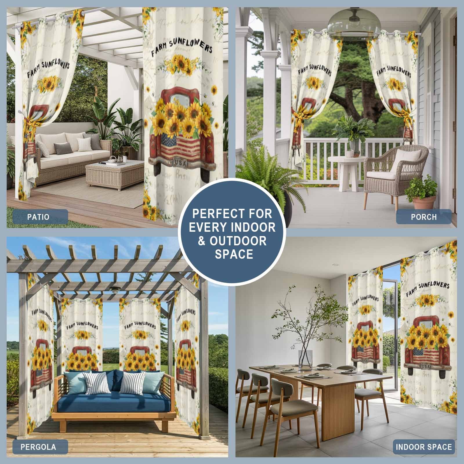 Outdoor Curtains for Patio Waterproof, Sunflower Truck Outdoor Privacy Panels Grommet, Summer Botanical Elegant Pastoral Floral Blackout Outside Curtains for Porch/Cabana 54"x108", 1 Panel