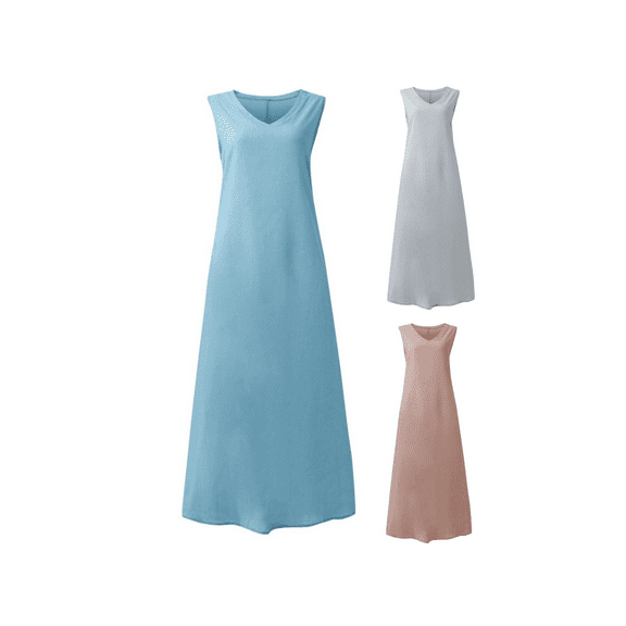Ahuyic Printed Solid Color Plus Size Dress For Women, Summer Womens' Sleeveless Tank Long Maxi Dresses,Women's Summer Sleeveless V-Neck Dress Casual Loose Long Maxi Dress