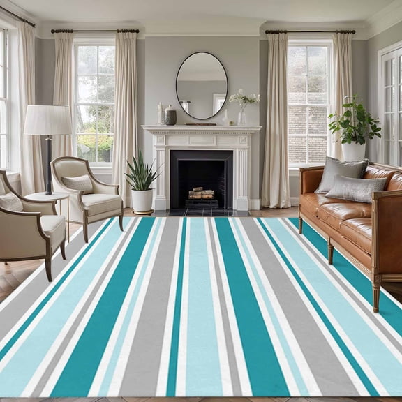 Rectangle Area Rugs 5 x 8 Ft, Grey Blue Striped Non-Slip Residential Carpet, Farmhouse Stripes Modern Abstract Art Indoor Crawling Mats Runner Rugs for Living Room/Dining Room/Bedroom