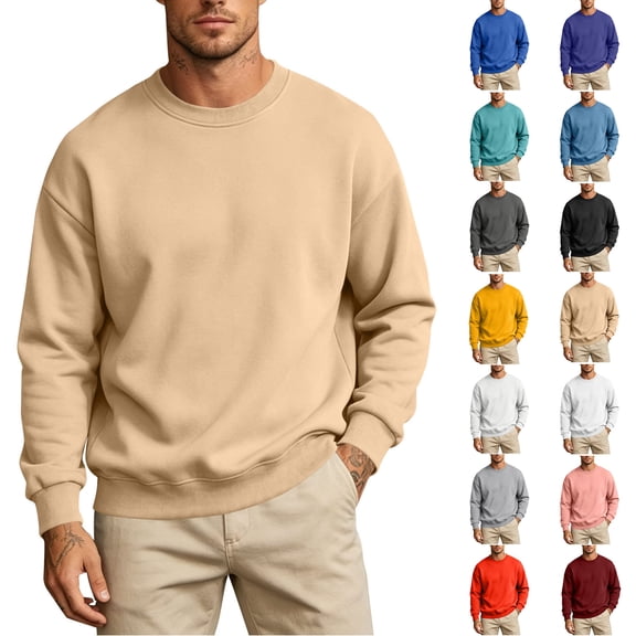 Mens Sweatshirts Zaewscy Men's Spring Fleece Lined Solid Color Crew Neck Long Sleeve No Hood Sweatshirt Khaki XL
