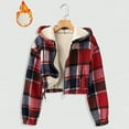 thumbnail image 2 of Womens Cropped Sherpa Fleece Lined Hooded Plaid Jacket Oversized Shacket Winter Warm Zip Up Flannel Coat Outerwear, 2 of 7