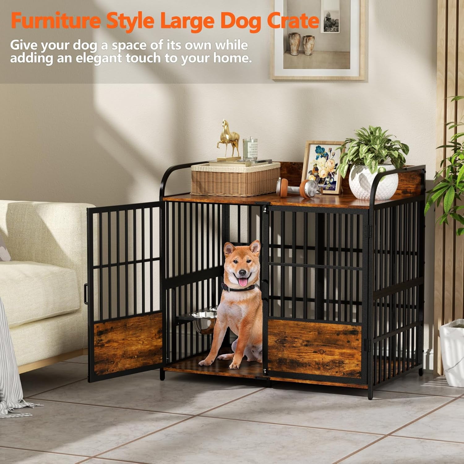 41" Dog Crate Furniture with Adjustable Bowls, Indoor Furniture Style Wooden Dog Kennel, Decorative Dog Cage End Table for Small, Medium Dogs, Brown