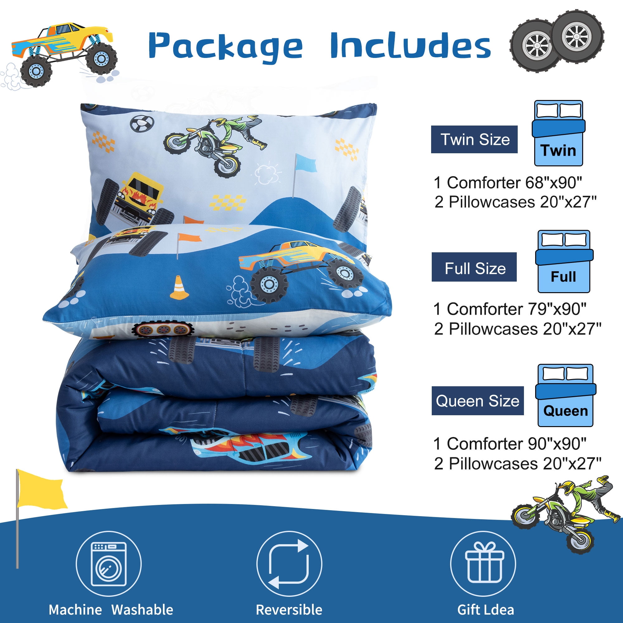 Btargot 3Pcs Reversible Cartoon Car Kids Off-Road Vehicle Comforter Set Full Race Car Motorcycle Construction Truck Bedding Set for Car Fans Boys Blue